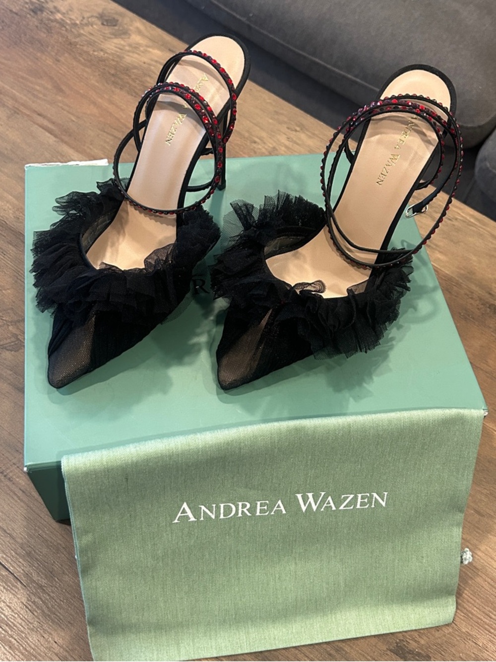 Black Ruffled Tulle Pointed-Toe Stiletto Heels with Embellished Straps